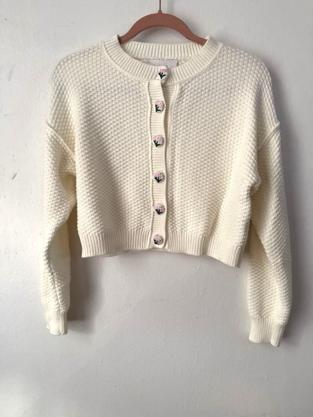 Rose Embroidered Buttons Crop Off White Coquette Cardigan NWOT Size Medium